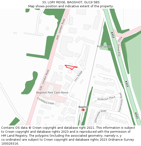 33, LORY RIDGE, BAGSHOT, GU19 5BS: Location map and indicative extent of plot
