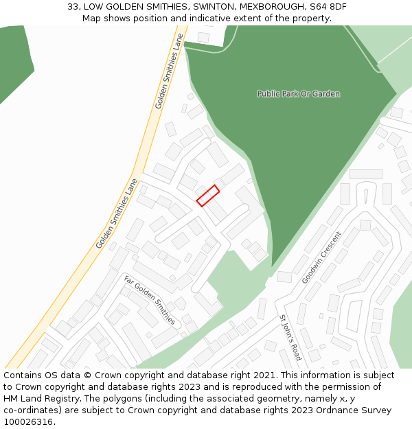 33, LOW GOLDEN SMITHIES, SWINTON, MEXBOROUGH, S64 8DF: Location map and indicative extent of plot