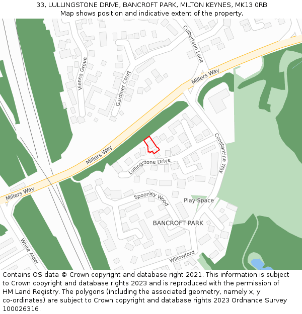 33, LULLINGSTONE DRIVE, BANCROFT PARK, MILTON KEYNES, MK13 0RB: Location map and indicative extent of plot