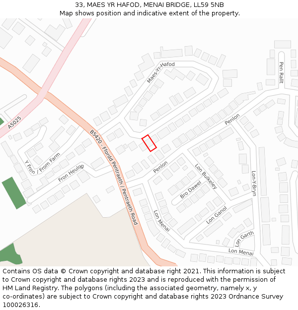 33, MAES YR HAFOD, MENAI BRIDGE, LL59 5NB: Location map and indicative extent of plot