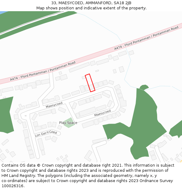 33, MAESYCOED, AMMANFORD, SA18 2JB: Location map and indicative extent of plot