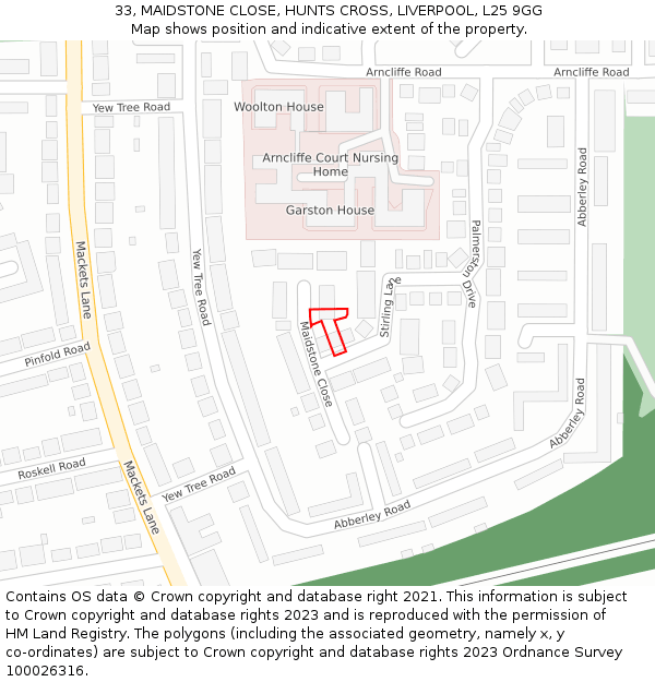 33, MAIDSTONE CLOSE, HUNTS CROSS, LIVERPOOL, L25 9GG: Location map and indicative extent of plot