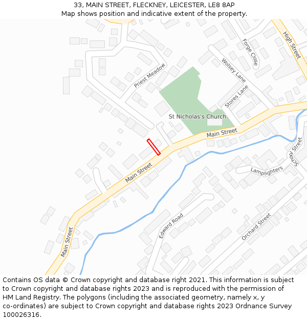 33, MAIN STREET, FLECKNEY, LEICESTER, LE8 8AP: Location map and indicative extent of plot