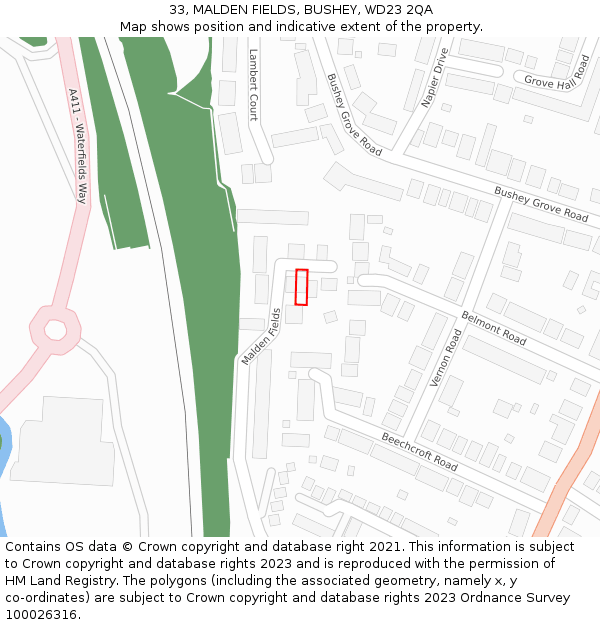 33, MALDEN FIELDS, BUSHEY, WD23 2QA: Location map and indicative extent of plot