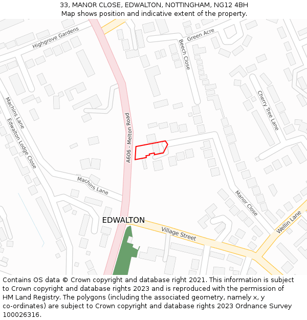 33, MANOR CLOSE, EDWALTON, NOTTINGHAM, NG12 4BH: Location map and indicative extent of plot