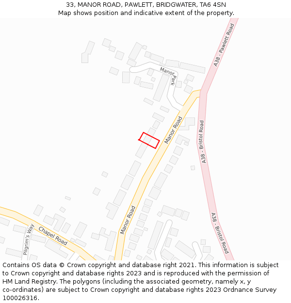 33, MANOR ROAD, PAWLETT, BRIDGWATER, TA6 4SN: Location map and indicative extent of plot