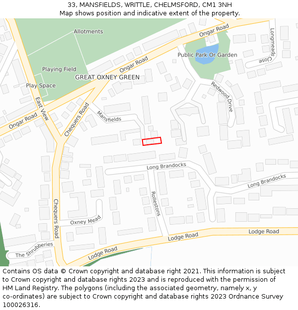 33, MANSFIELDS, WRITTLE, CHELMSFORD, CM1 3NH: Location map and indicative extent of plot