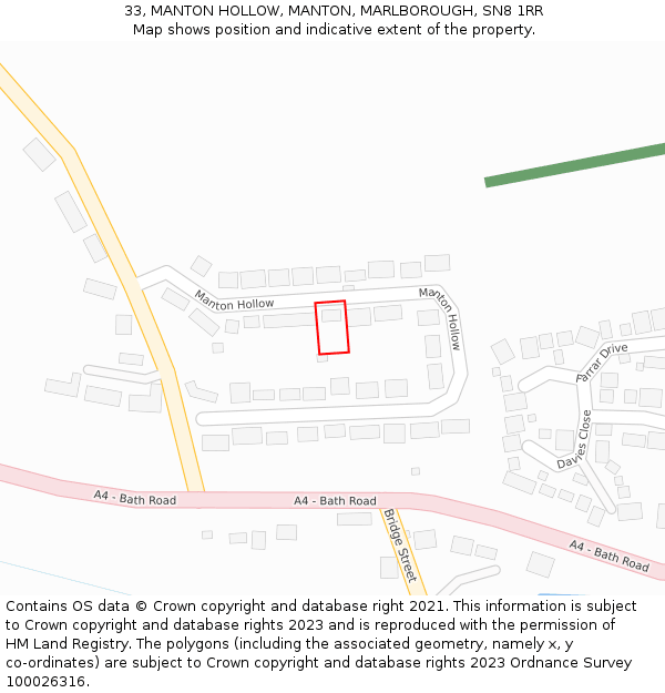 33, MANTON HOLLOW, MANTON, MARLBOROUGH, SN8 1RR: Location map and indicative extent of plot