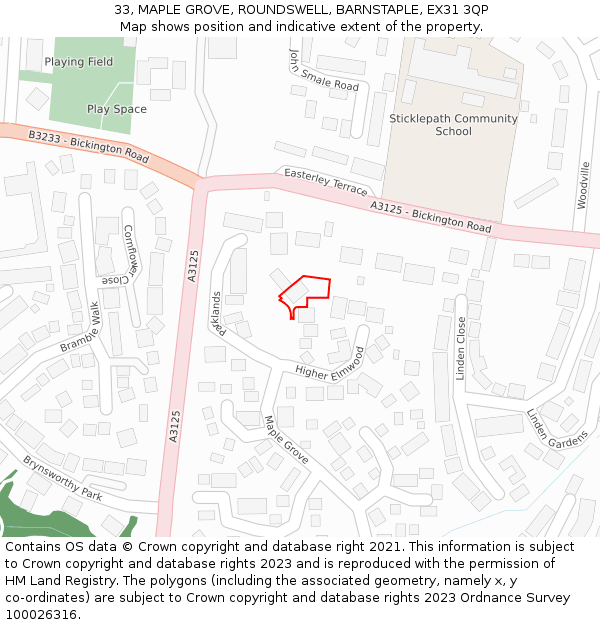 33, MAPLE GROVE, ROUNDSWELL, BARNSTAPLE, EX31 3QP: Location map and indicative extent of plot