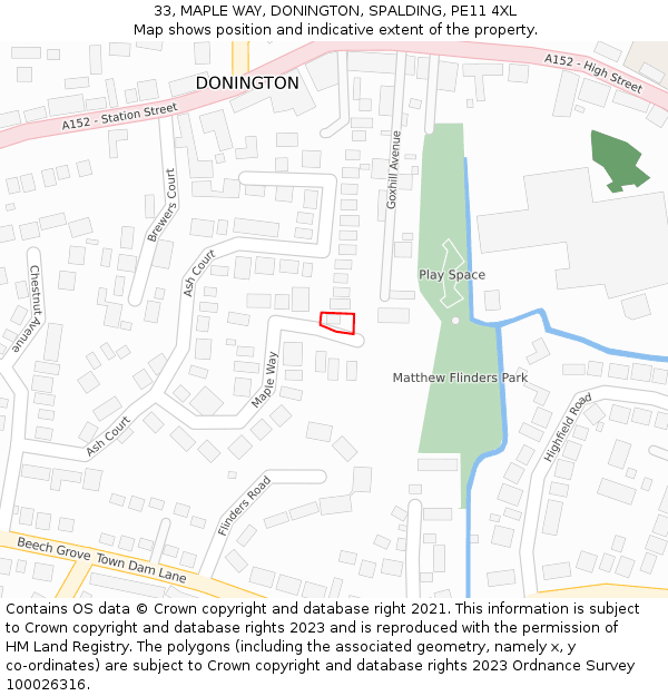 33, MAPLE WAY, DONINGTON, SPALDING, PE11 4XL: Location map and indicative extent of plot