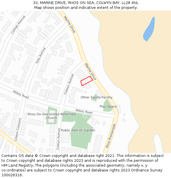 33, MARINE DRIVE, RHOS ON SEA, COLWYN BAY, LL28 4NL: Location map and indicative extent of plot