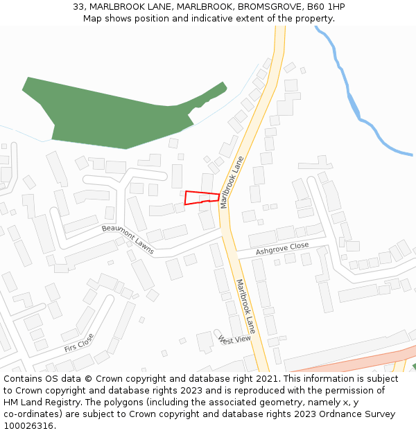 33, MARLBROOK LANE, MARLBROOK, BROMSGROVE, B60 1HP: Location map and indicative extent of plot