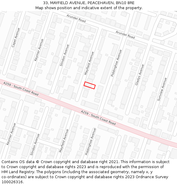 33, MAYFIELD AVENUE, PEACEHAVEN, BN10 8RE: Location map and indicative extent of plot