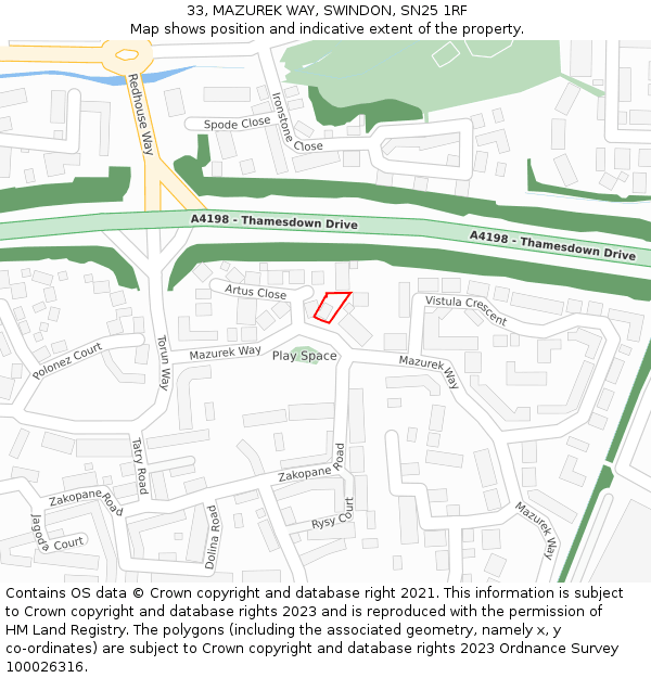 33, MAZUREK WAY, SWINDON, SN25 1RF: Location map and indicative extent of plot