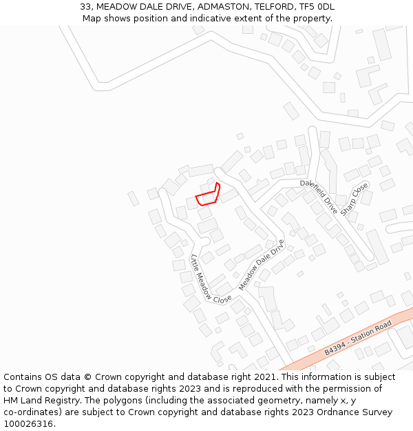 33, MEADOW DALE DRIVE, ADMASTON, TELFORD, TF5 0DL: Location map and indicative extent of plot