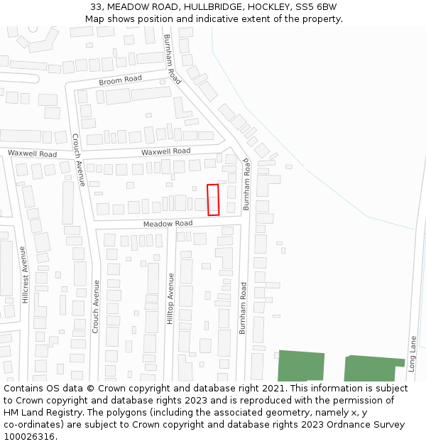 33, MEADOW ROAD, HULLBRIDGE, HOCKLEY, SS5 6BW: Location map and indicative extent of plot