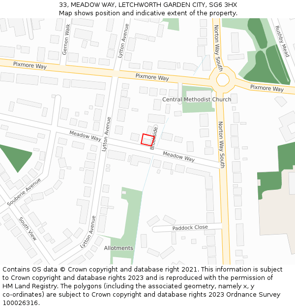 33, MEADOW WAY, LETCHWORTH GARDEN CITY, SG6 3HX: Location map and indicative extent of plot