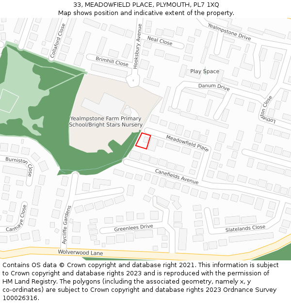 33, MEADOWFIELD PLACE, PLYMOUTH, PL7 1XQ: Location map and indicative extent of plot