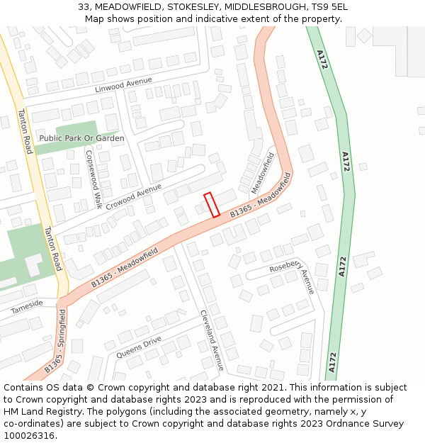 33, MEADOWFIELD, STOKESLEY, MIDDLESBROUGH, TS9 5EL: Location map and indicative extent of plot