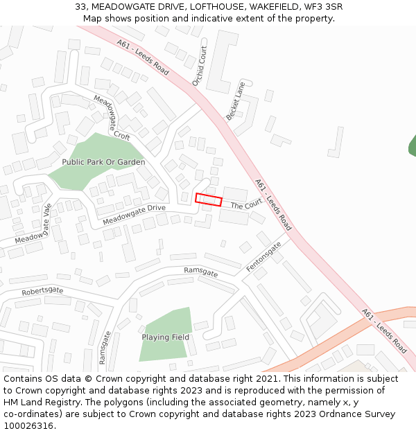 33, MEADOWGATE DRIVE, LOFTHOUSE, WAKEFIELD, WF3 3SR: Location map and indicative extent of plot