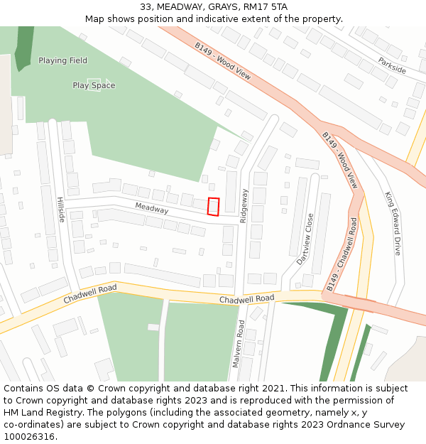 33, MEADWAY, GRAYS, RM17 5TA: Location map and indicative extent of plot
