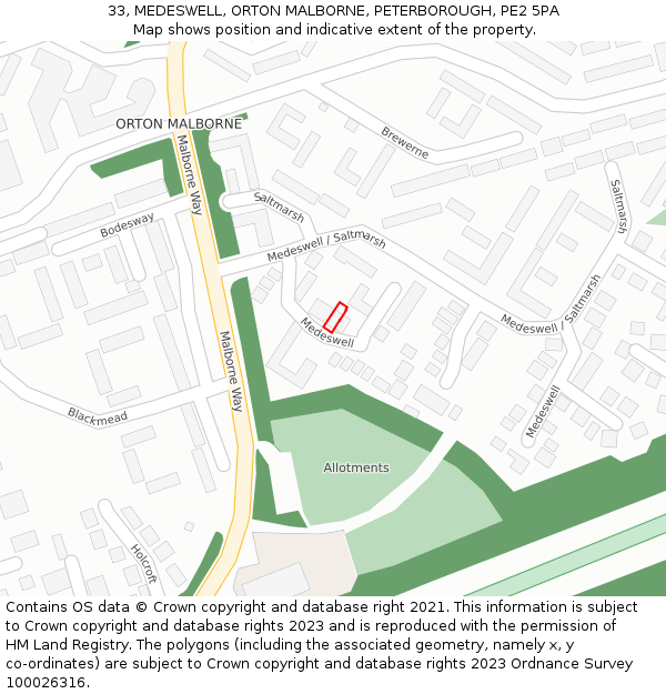 33, MEDESWELL, ORTON MALBORNE, PETERBOROUGH, PE2 5PA: Location map and indicative extent of plot