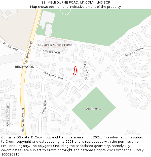 33, MELBOURNE ROAD, LINCOLN, LN6 3QF: Location map and indicative extent of plot