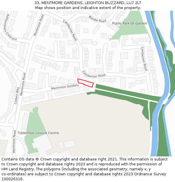 33, MENTMORE GARDENS, LEIGHTON BUZZARD, LU7 2LT: Location map and indicative extent of plot