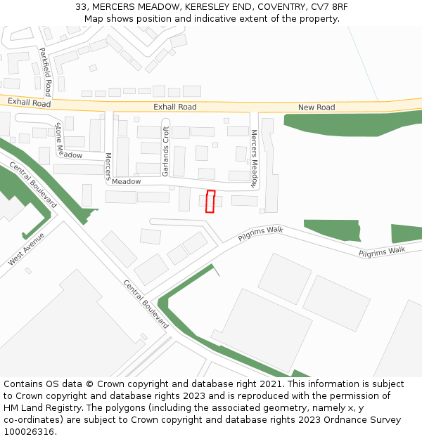 33, MERCERS MEADOW, KERESLEY END, COVENTRY, CV7 8RF: Location map and indicative extent of plot
