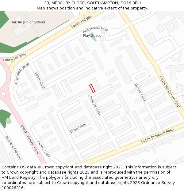 33, MERCURY CLOSE, SOUTHAMPTON, SO16 8BH: Location map and indicative extent of plot