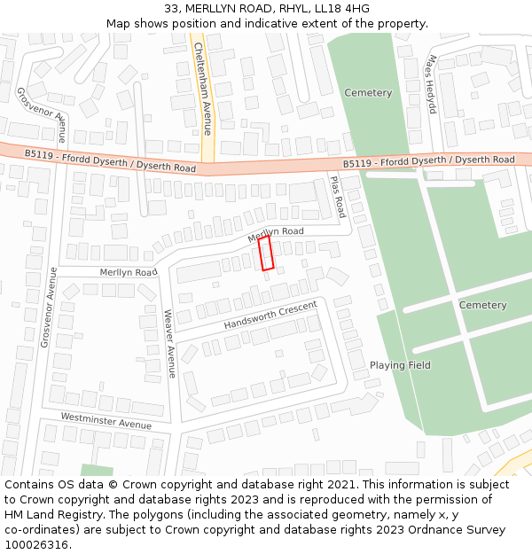 33, MERLLYN ROAD, RHYL, LL18 4HG: Location map and indicative extent of plot