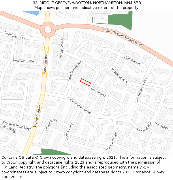 33, MIDDLE GREEVE, WOOTTON, NORTHAMPTON, NN4 6BB: Location map and indicative extent of plot