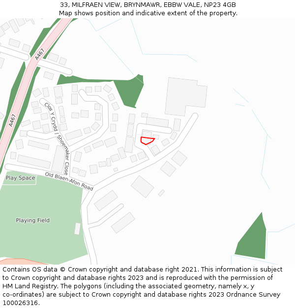 33, MILFRAEN VIEW, BRYNMAWR, EBBW VALE, NP23 4GB: Location map and indicative extent of plot