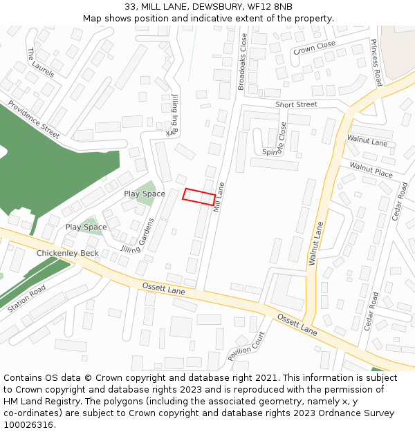 33, MILL LANE, DEWSBURY, WF12 8NB: Location map and indicative extent of plot