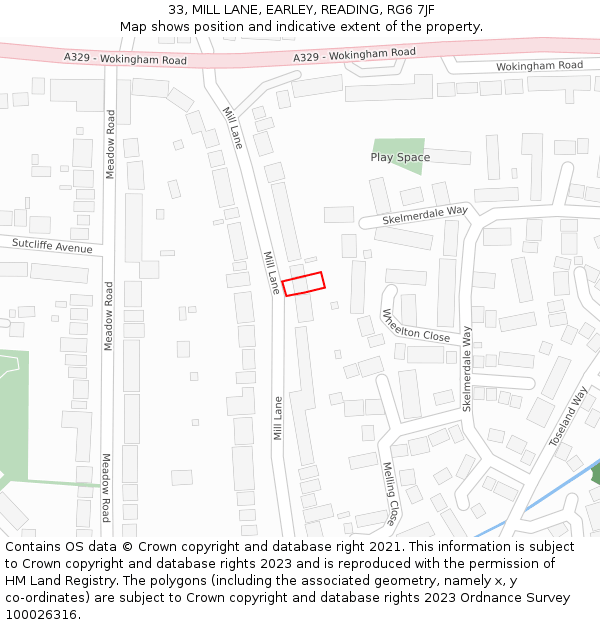 33, MILL LANE, EARLEY, READING, RG6 7JF: Location map and indicative extent of plot