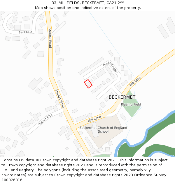 33, MILLFIELDS, BECKERMET, CA21 2YY: Location map and indicative extent of plot