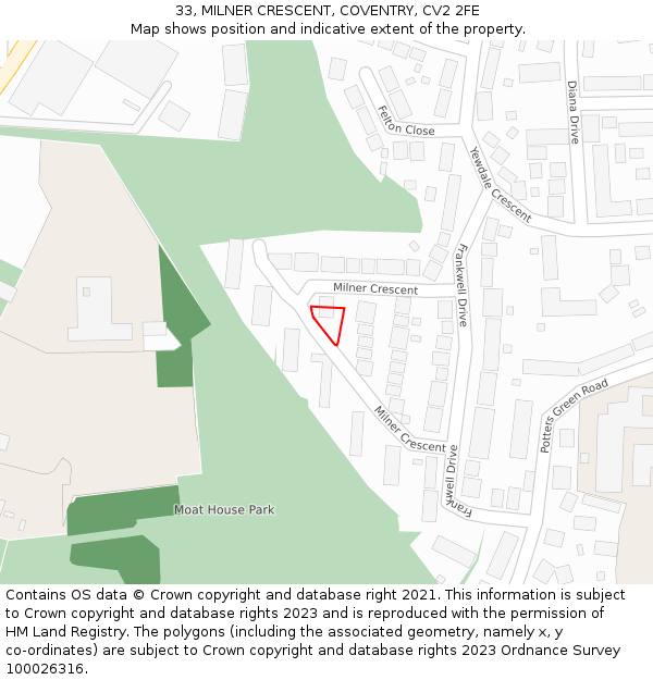 33, MILNER CRESCENT, COVENTRY, CV2 2FE: Location map and indicative extent of plot