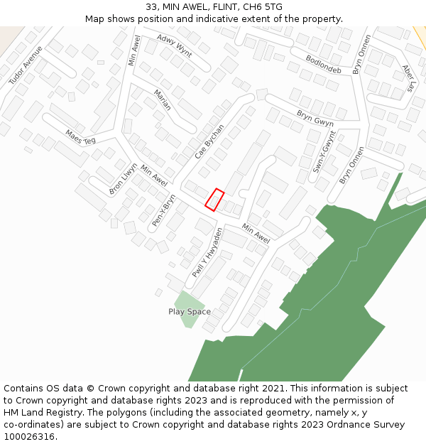 33, MIN AWEL, FLINT, CH6 5TG: Location map and indicative extent of plot