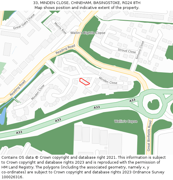 33, MINDEN CLOSE, CHINEHAM, BASINGSTOKE, RG24 8TH: Location map and indicative extent of plot