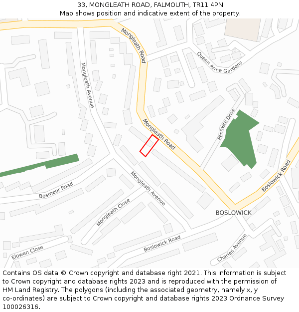 33, MONGLEATH ROAD, FALMOUTH, TR11 4PN: Location map and indicative extent of plot