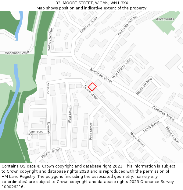 33, MOORE STREET, WIGAN, WN1 3XX: Location map and indicative extent of plot