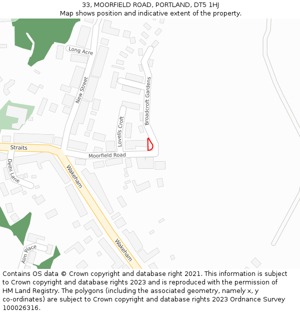 33, MOORFIELD ROAD, PORTLAND, DT5 1HJ: Location map and indicative extent of plot