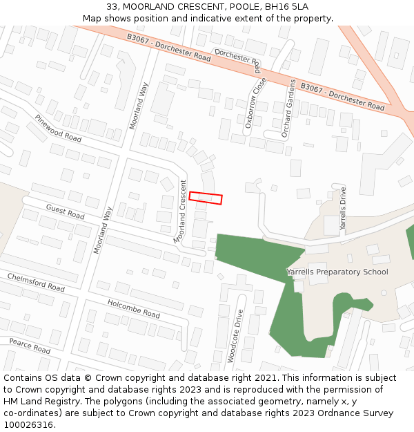 33, MOORLAND CRESCENT, POOLE, BH16 5LA: Location map and indicative extent of plot