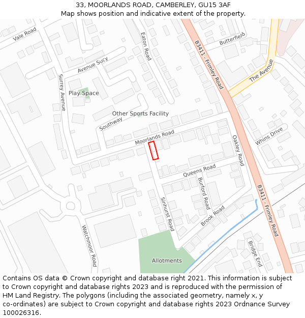 33, MOORLANDS ROAD, CAMBERLEY, GU15 3AF: Location map and indicative extent of plot