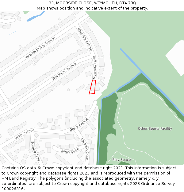 33, MOORSIDE CLOSE, WEYMOUTH, DT4 7RQ: Location map and indicative extent of plot