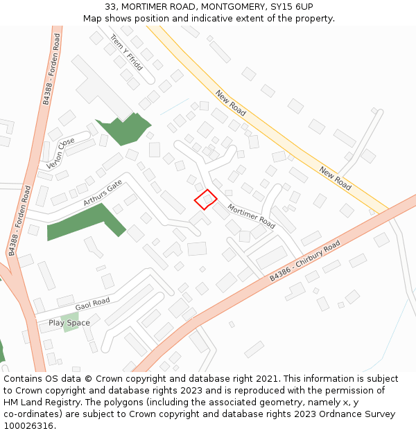 33, MORTIMER ROAD, MONTGOMERY, SY15 6UP: Location map and indicative extent of plot