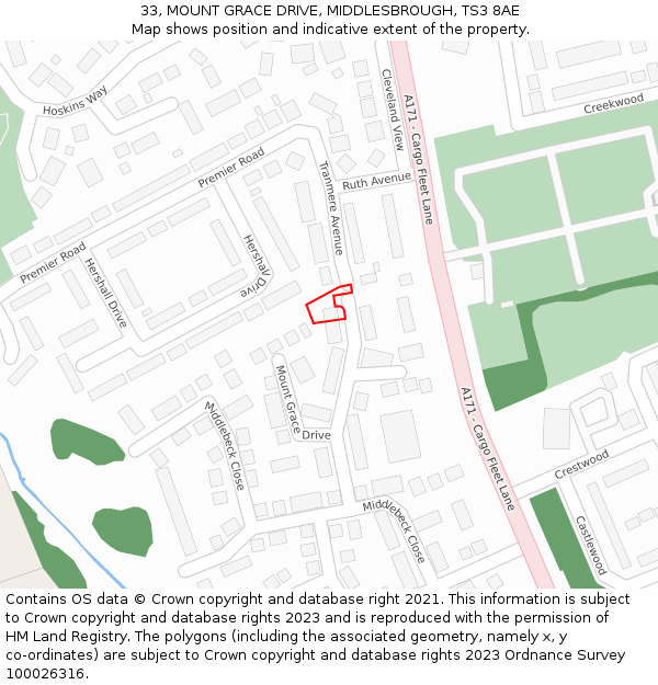 33, MOUNT GRACE DRIVE, MIDDLESBROUGH, TS3 8AE: Location map and indicative extent of plot