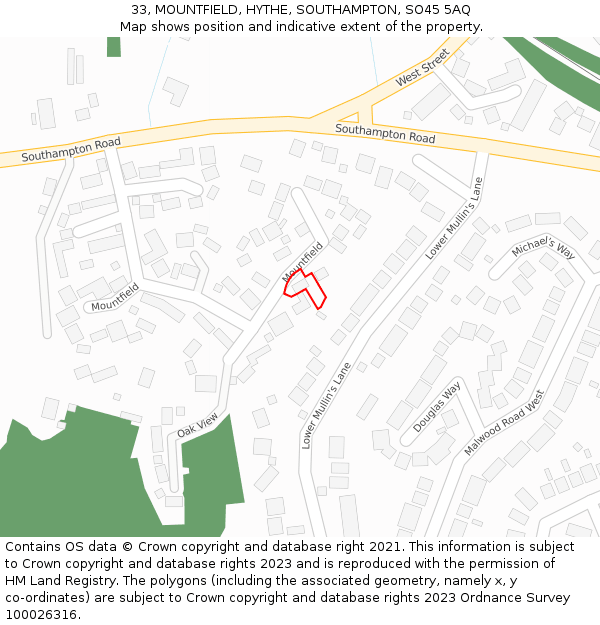 33, MOUNTFIELD, HYTHE, SOUTHAMPTON, SO45 5AQ: Location map and indicative extent of plot