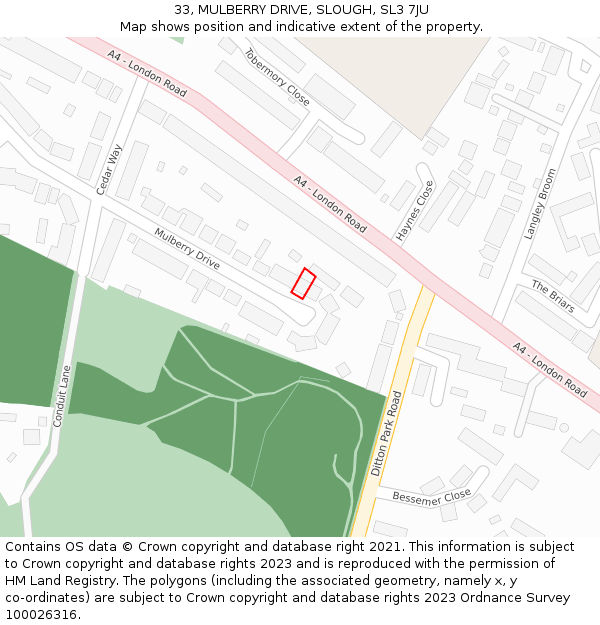 33, MULBERRY DRIVE, SLOUGH, SL3 7JU: Location map and indicative extent of plot