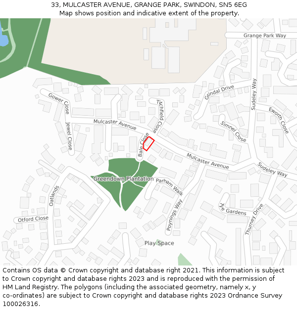 33, MULCASTER AVENUE, GRANGE PARK, SWINDON, SN5 6EG: Location map and indicative extent of plot